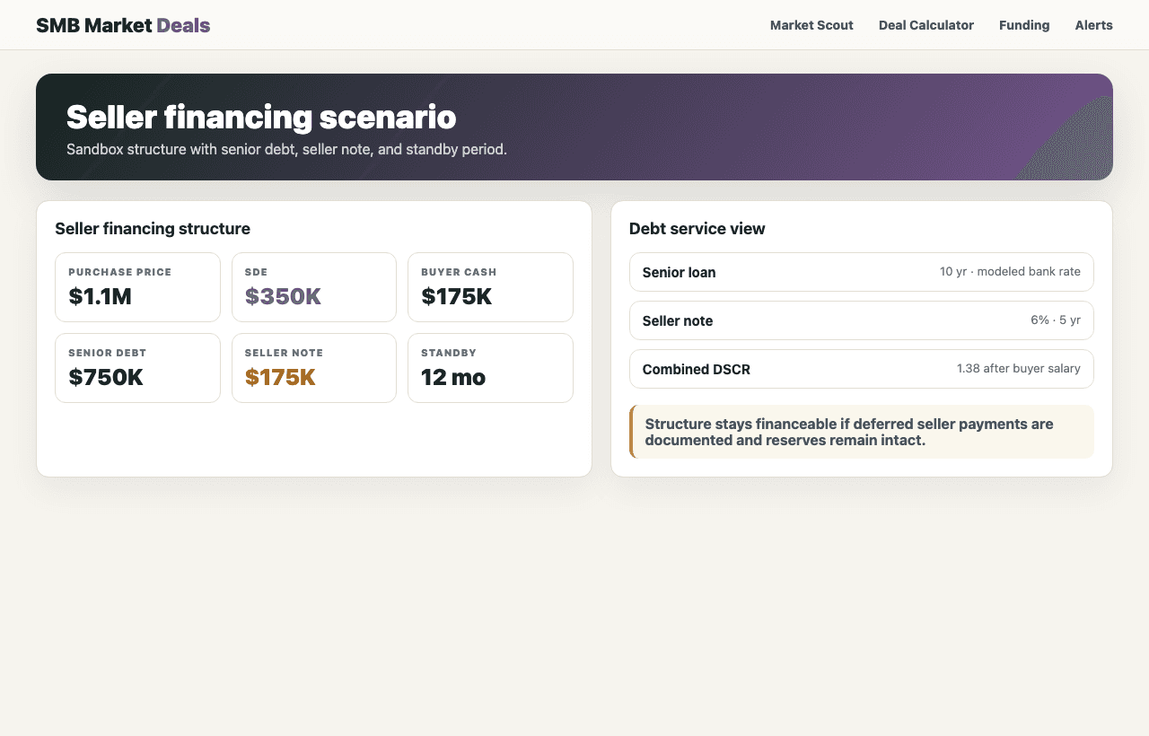 SMB Market Deals Deal Calculator showing acquisition financing inputs.
