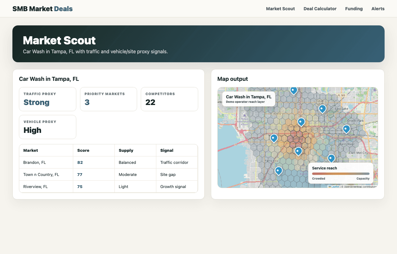 SMB Market Deals Market Scout showing a car wash market search for Tampa, Florida.